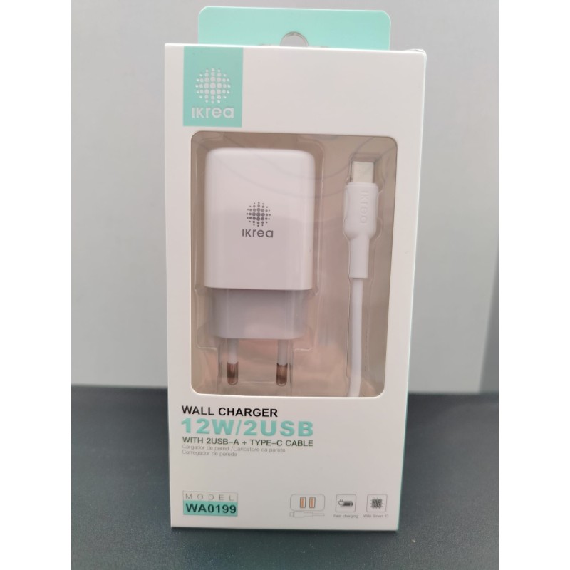 CARGADOR 12 W , 2 USB , CON CABLE TIPO C
