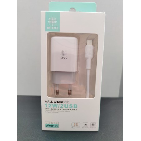 CARGADOR 12 W , 2 USB , CON CABLE TIPO C